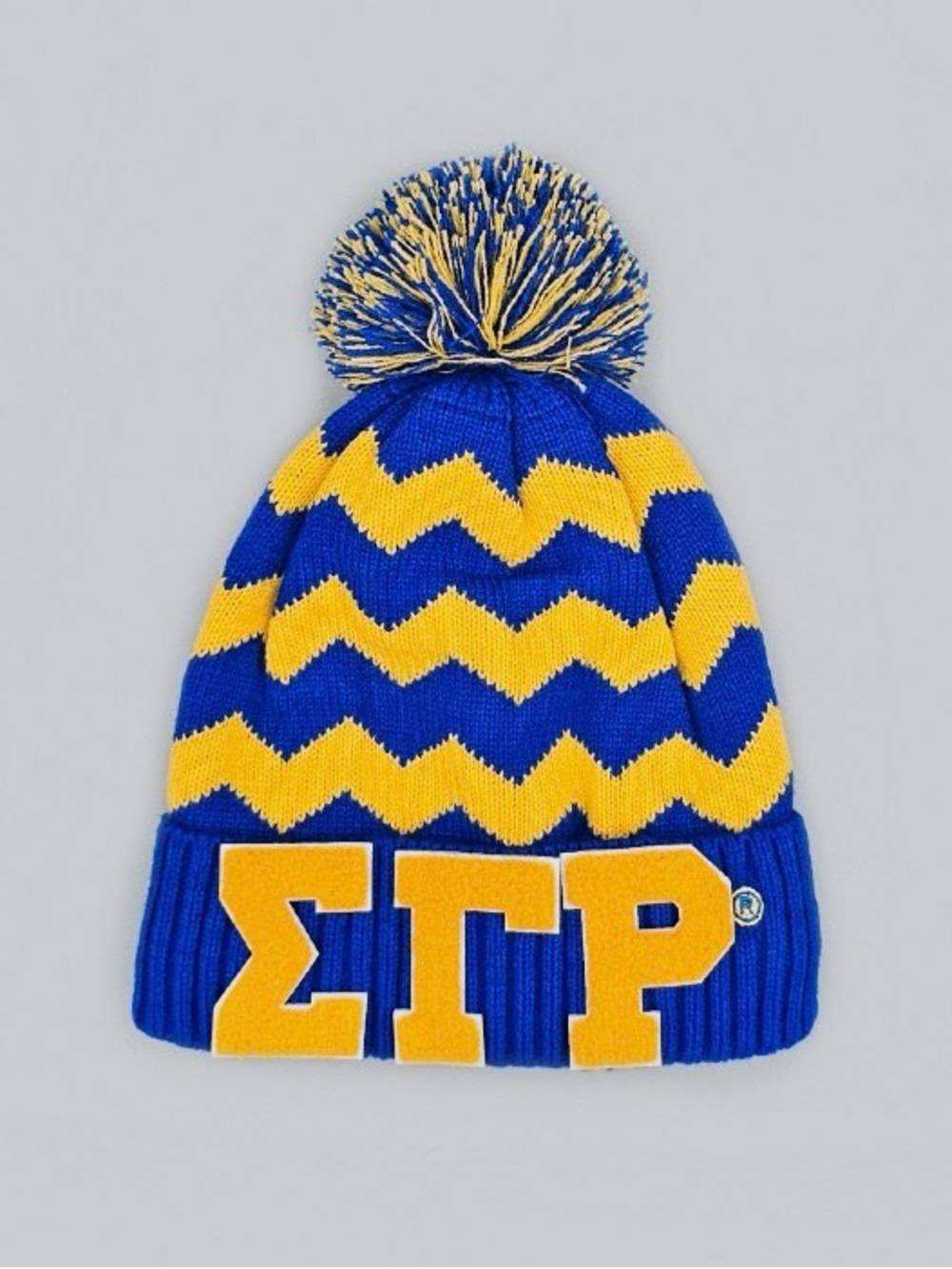 Sigma Gamma, Rho Blue & Yellow Pom Knit Beanie with Greek Letters